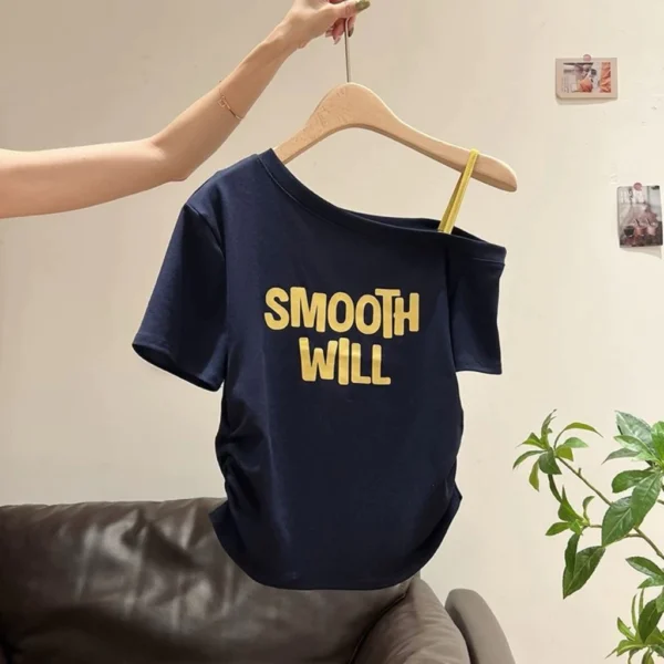Women Slant Shoulder Printed T Shirt Free Size 40kg-55kg