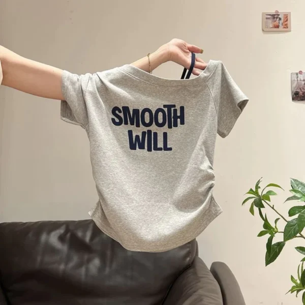 Women Slant Shoulder Printed T Shirt Free Size 40kg-55kg