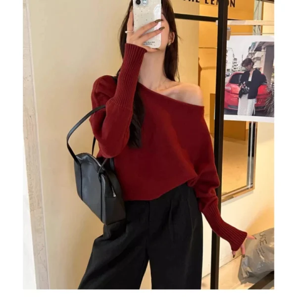 my-11134207-820l8-mlq0mah5qgowca.webp Women Slant Shoulder Knitted Sweater Free Size 40kg-65kg