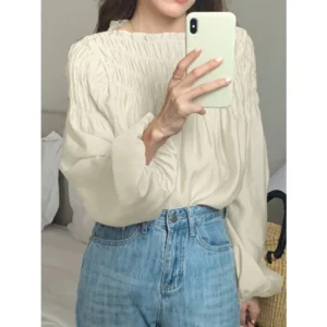 French Pleated Puff Sleeve Blouse Free Size 40kg-65kg